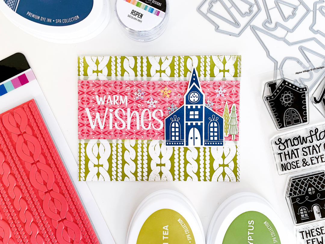 Alpine village houses on Sweater Weather background