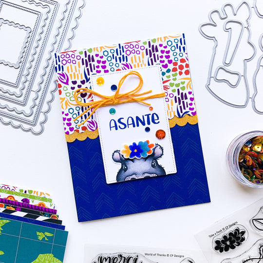 card with take a peek hippo and patterned paper