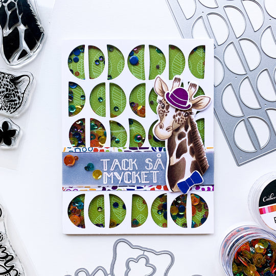 shaker card with giraffe and half circle cover plate