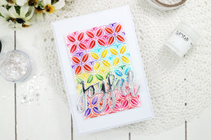 Silver cut out Joyful over rainbow watercolored background