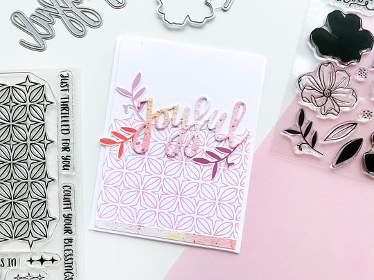Speckled cutout Joyful over purple prism stamp