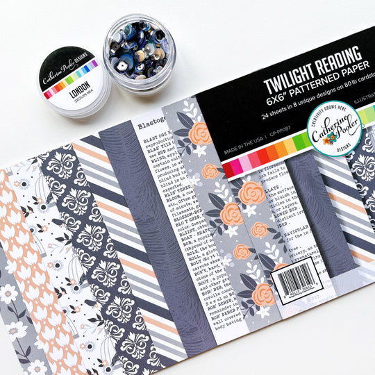 Twilight Reading 6x6 patterned paper and London sequin mix.