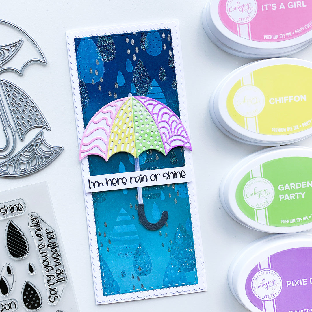 Under the Umbrella over blue pitter patterns raindrops