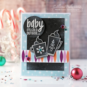Baby It's Cold Outside Dies with Mugs on Snowflake Background