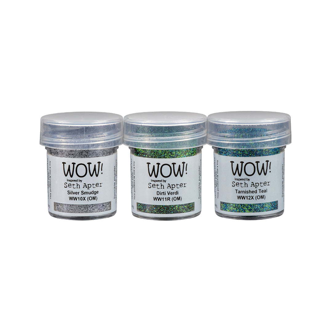 Alchemy Embossing Trio includes Silver Smudge, Dirti Verdi, and Tarnished Teal powders.