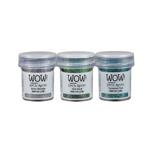 Alchemy Embossing Trio includes Silver Smudge, Dirti Verdi, and Tarnished Teal powders.