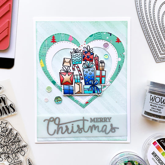 Merry Christmas card with stack of gifts