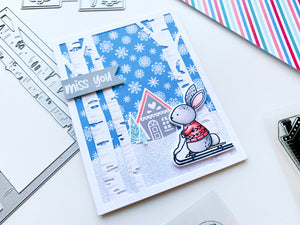 Skiing Bunny with White Birch Die and Alpine Village House Scene Card
