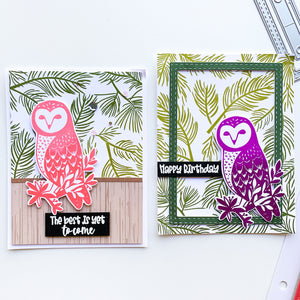 two cards made with pine forest background stamp