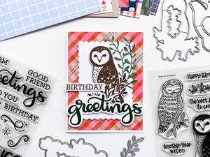 birthday greetings card with owl and sprig