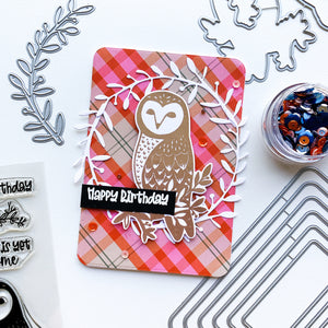 happy birthday card with owl and sprig dies