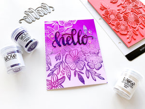hello card with purple flowers