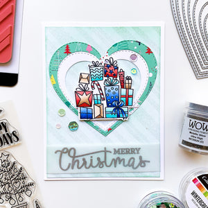 merry christmas card with wrapped and ready stamps
