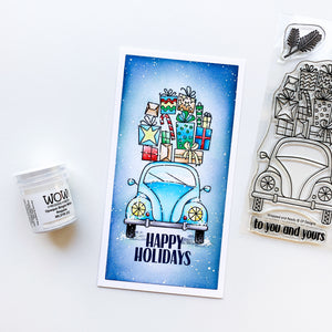happy holidays slimline card with wrapped and ready stamps
