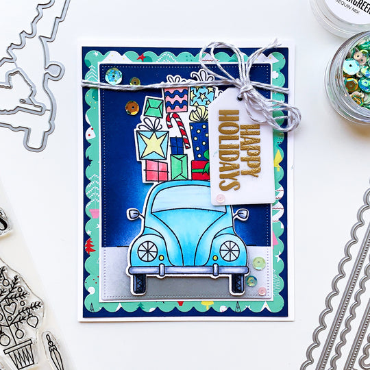 wrapped and ready card with happy holidays tag