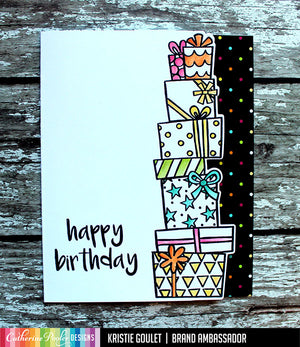 happy birthday card with stacked gifts
