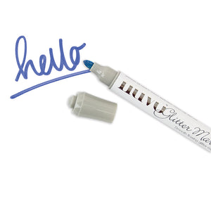 Imperial Blue Glitter Marker by Nuvo with writing
