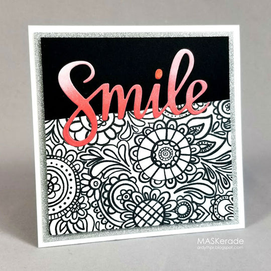 black and white Doodle Garden Background Stamp with coral smile word die